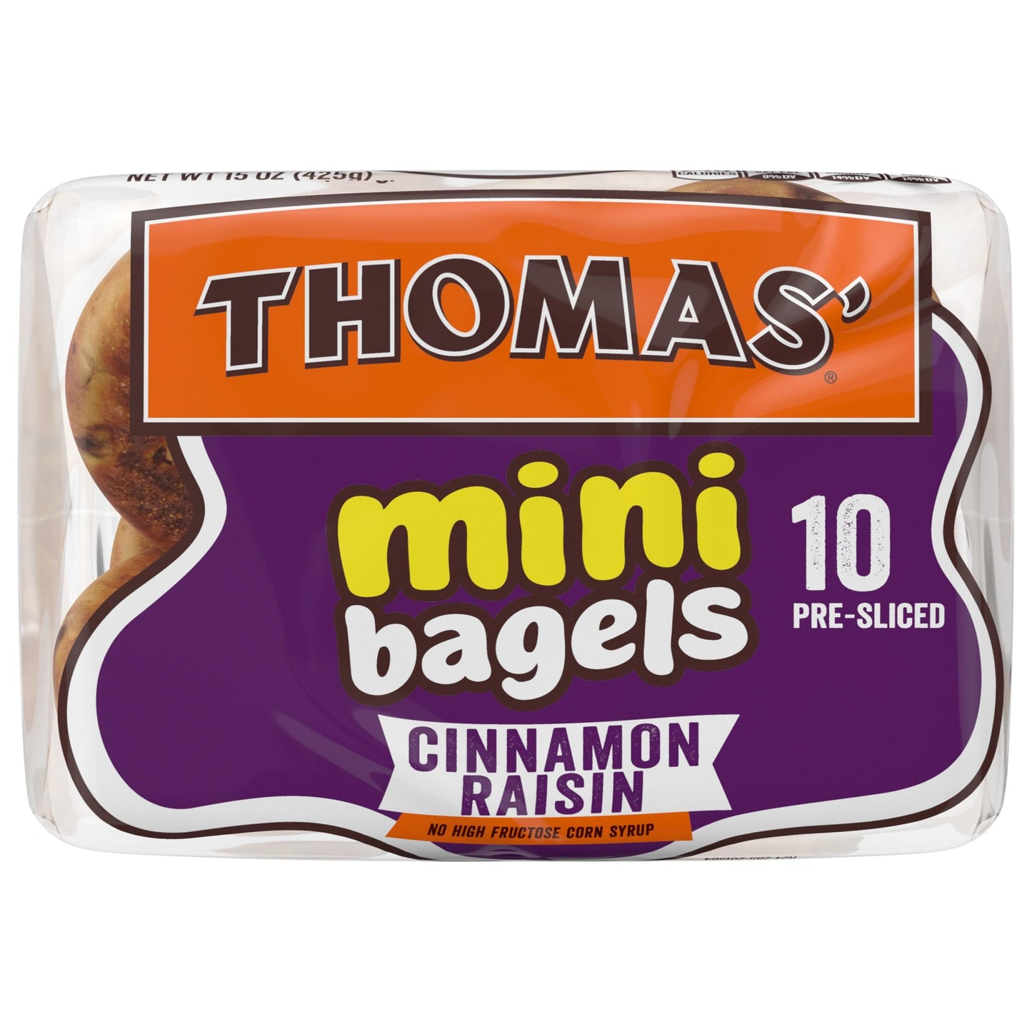 Thomas Cinnamon Raisin Mini Bagels, 10 Pre Sliced Mini Bagels with No High Fructose Corn Syrup, 15 Oz Bag
