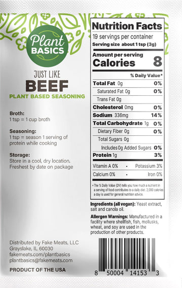 Plant Basics - Plant Based Seasoning, Just Like Beef, 2 Ounce, Vegan, Gluten Free, Kosher, Non-Gmo