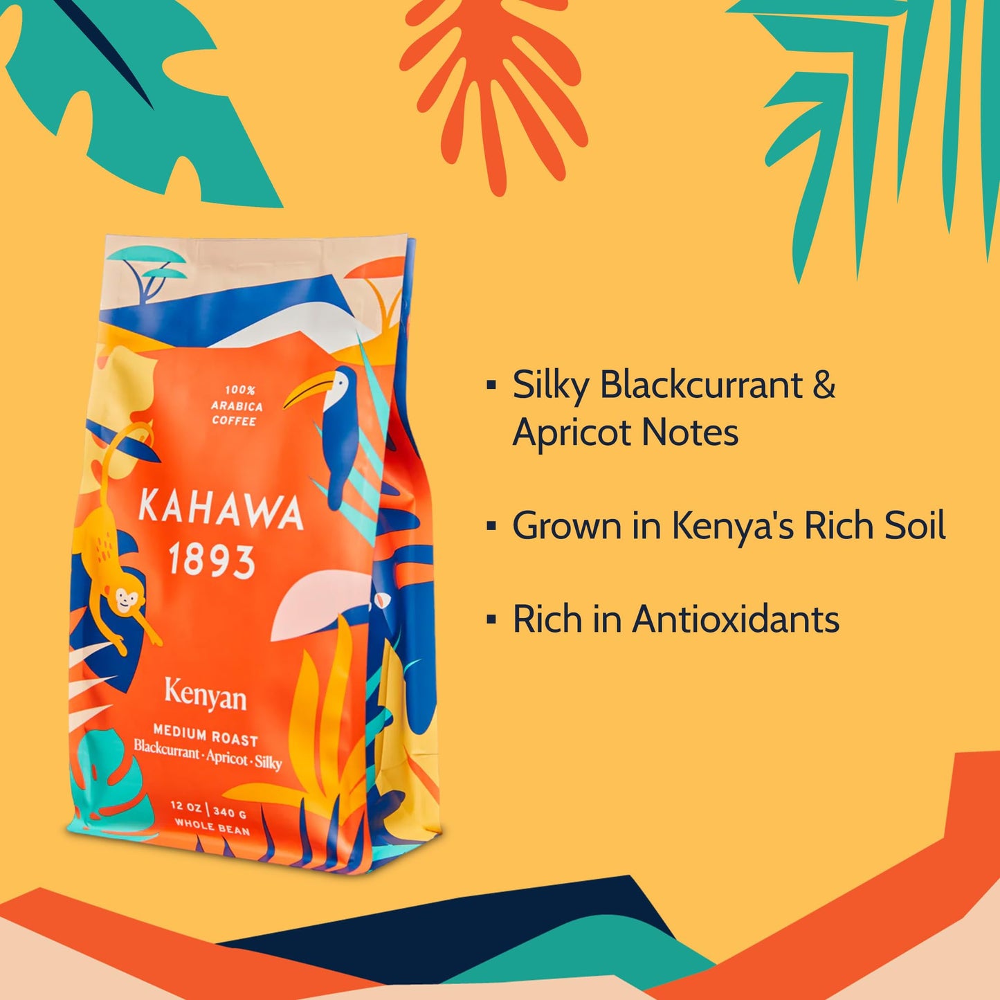 KAHAWA 1893 Whole Bean Coffee Medium Roast Kenyan Blend, 24 Oz, High Antioxidants, Organically Grown, Ethically Sourced