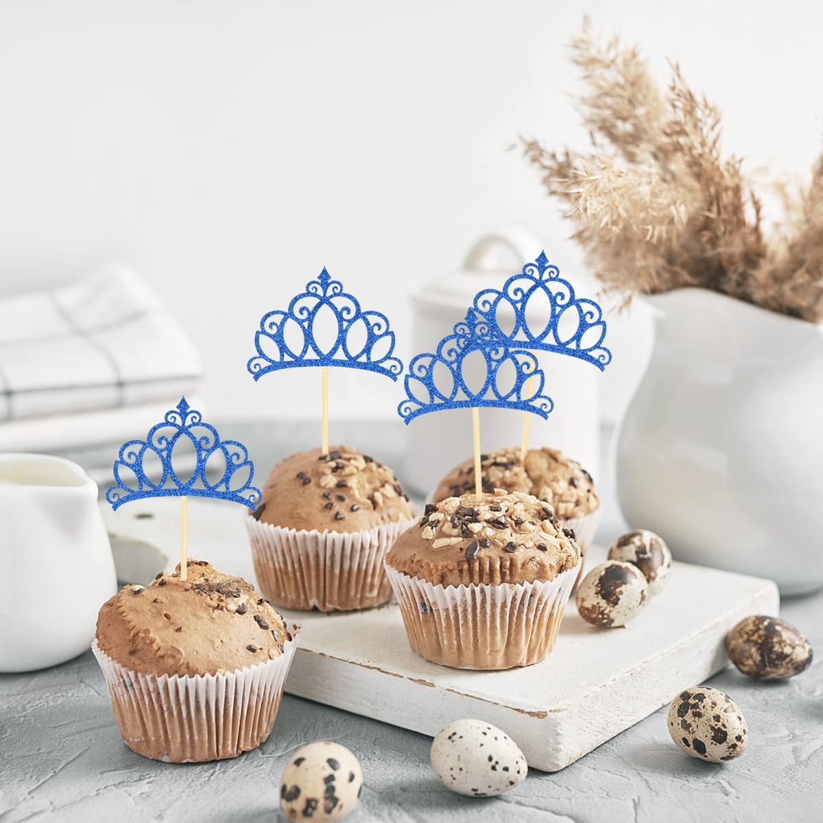 Donoter 24 Pieces Blue Princess Crown Cupcake Toppers Cake Picks For Birthday Baby Shower Party Decorations
