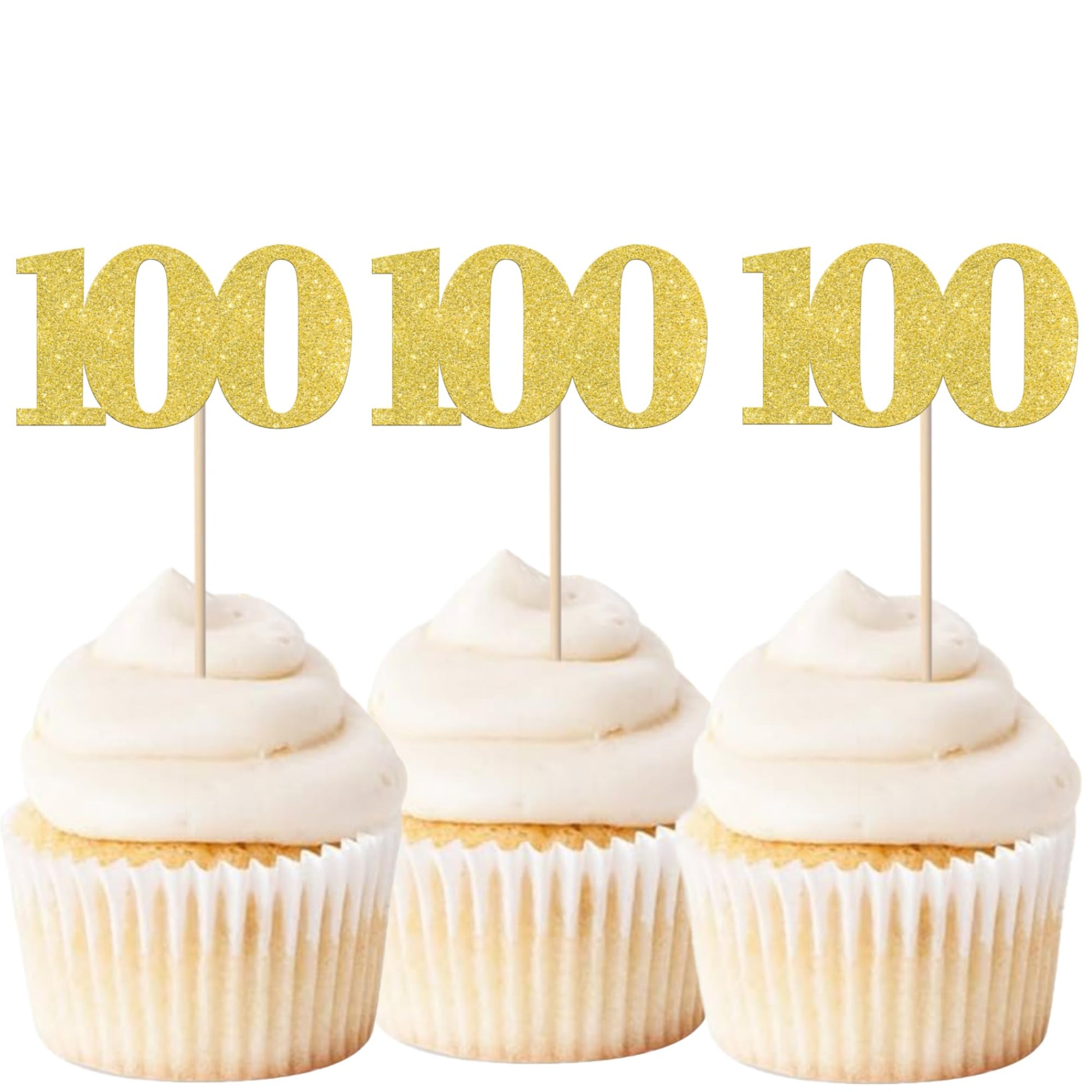 ZHUOWEISM 30 PCS Cupcake Toppers Glitter Happy 100 Days Birthday Picks Small Gold Bamboo
