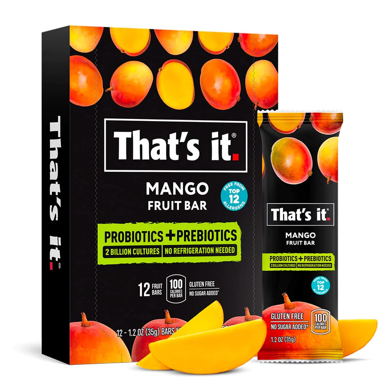 Thats It. (12 Pack Mango) Probiotic Fruit Bar Immunity Booster & Support Active Cultures To Promote Healthy Gut & Digestion 100%
