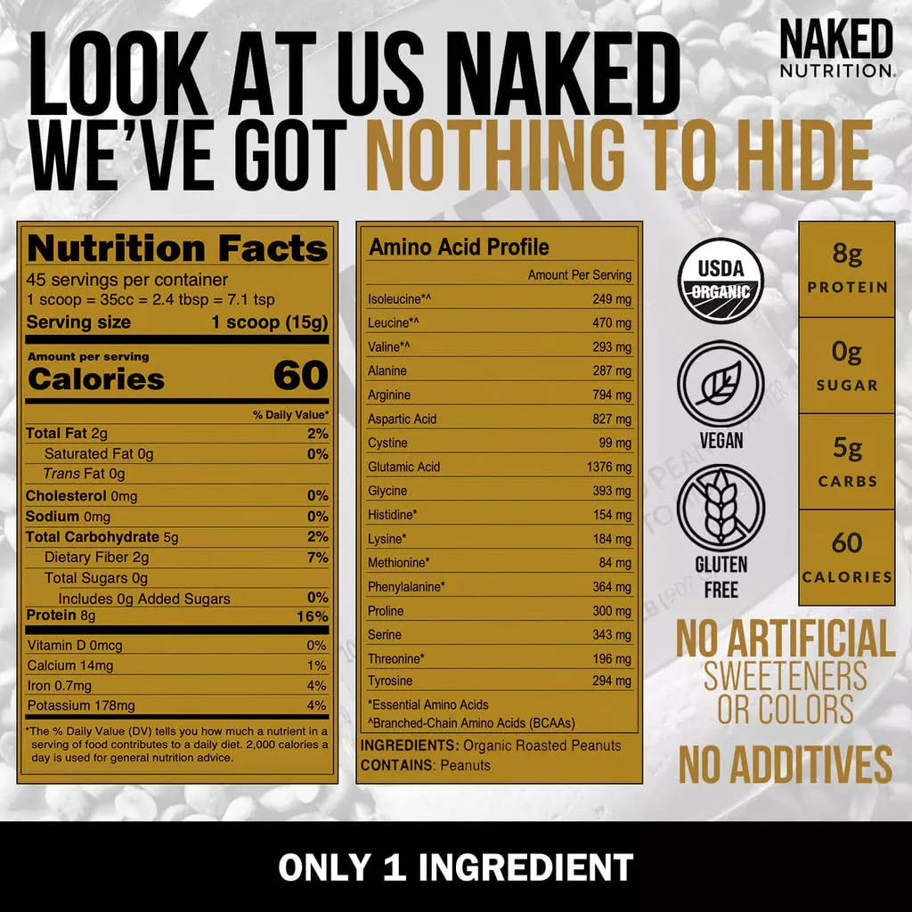 Naked Nutrition Organic Powdered Peanut Butter, 24 oz - Vegan, No Additives, Preservative-Free, Roasted Peanuts, 45 Servings