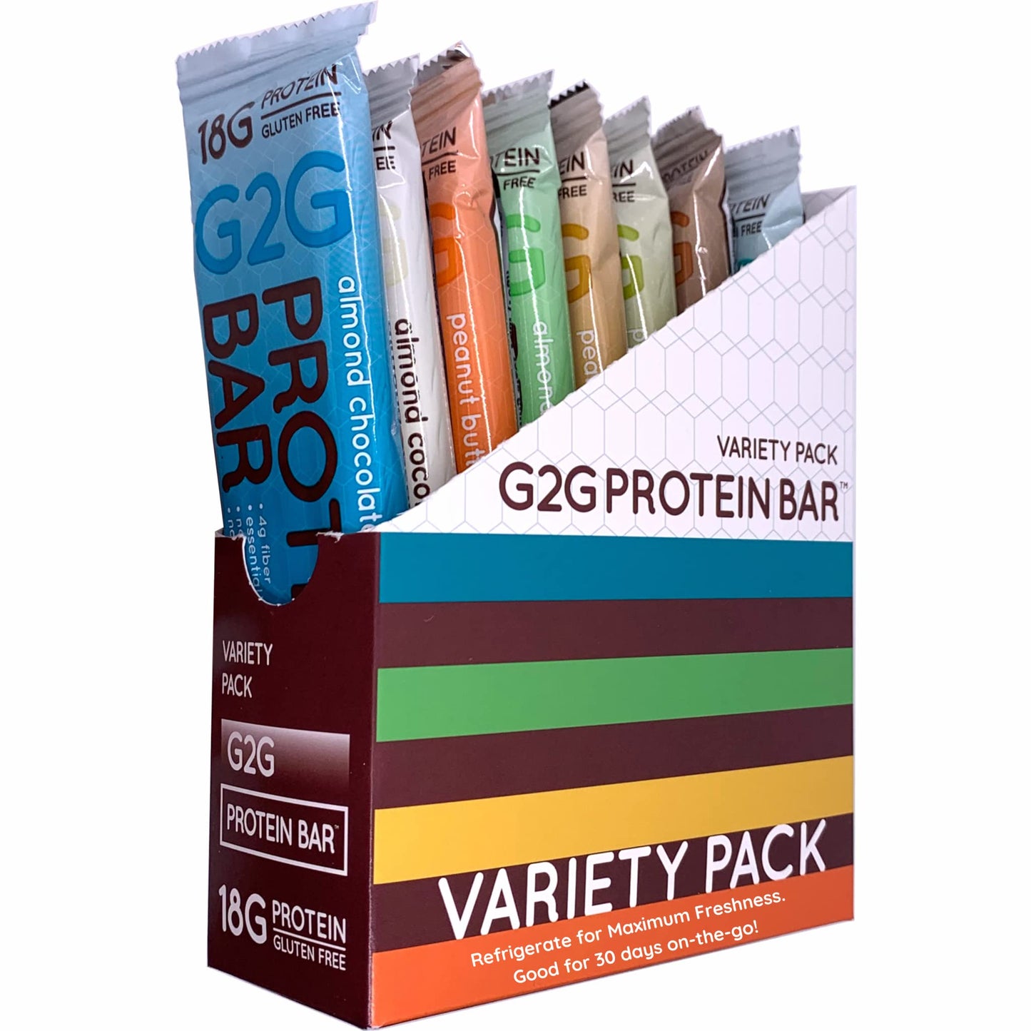 G2G Protein Bar, 8 Flavor Variety Pack, High Protein, Gluten-Free, Healthy Snack, Delicious Meal Replacement, Clean Ingredients, Refrigerated For Freshness, 16 Bars (2 Packs Of 8)
