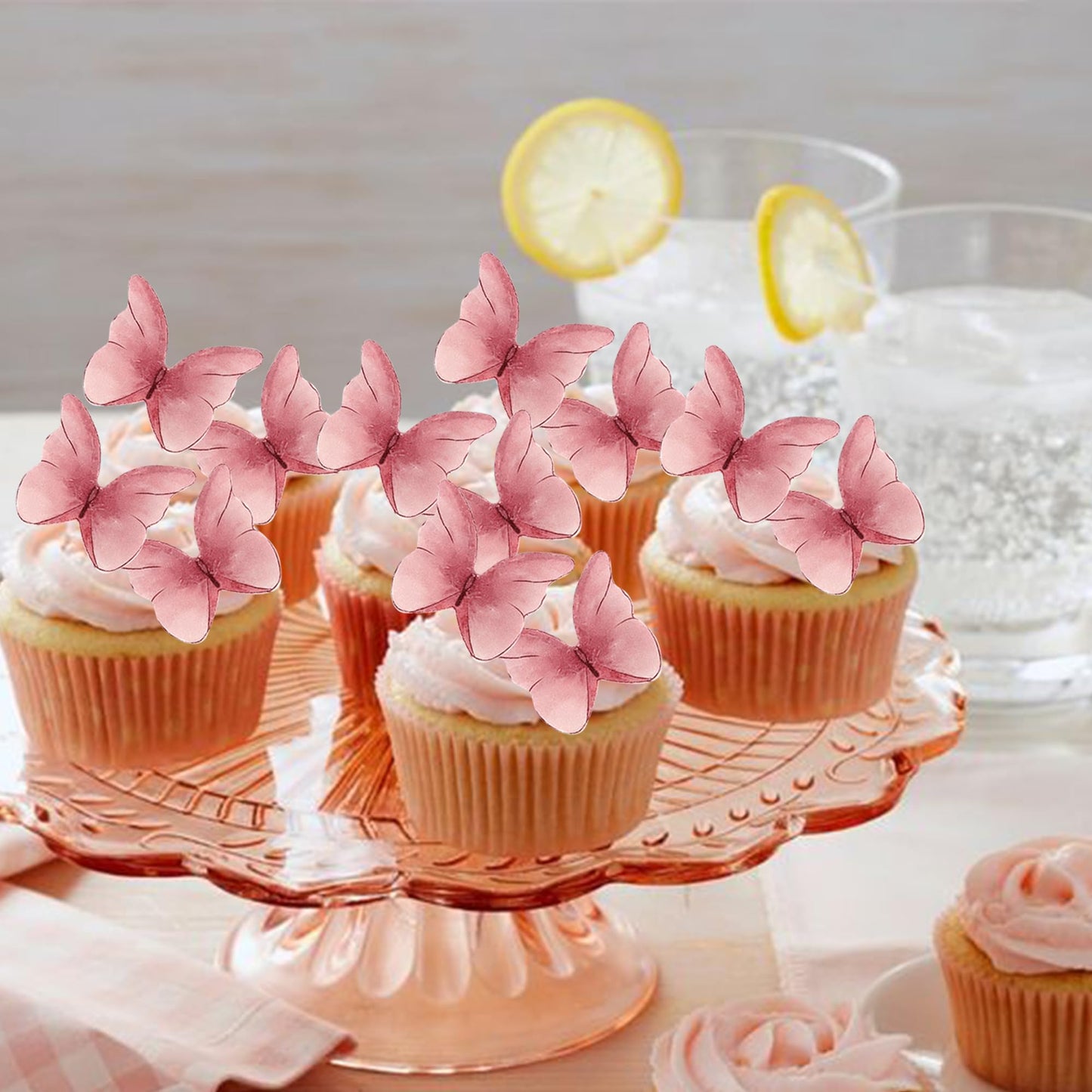 Rssta i 48 Pack Edible Butterflies for Cake Decorating, Pink Paper Cupcake Toppers