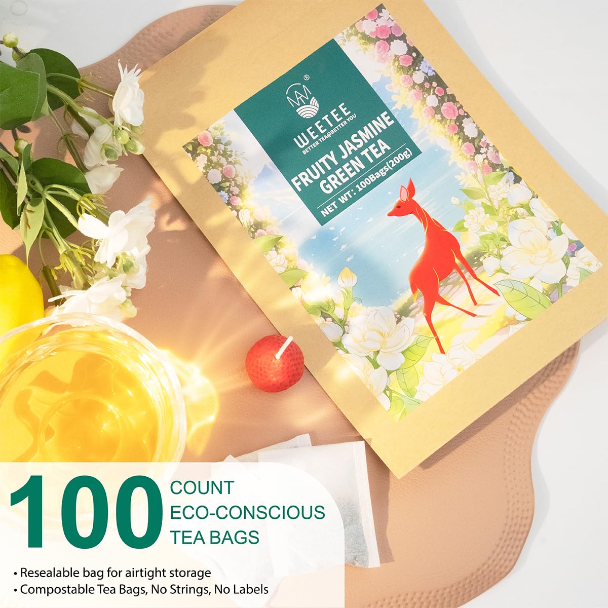 Wt Weetee Fruity Jasmine Green Tea Bags 100 Counts, Flavored Green Tea With Jasmine, Grapes, Passionfruit & Strawberry Aroma, Na