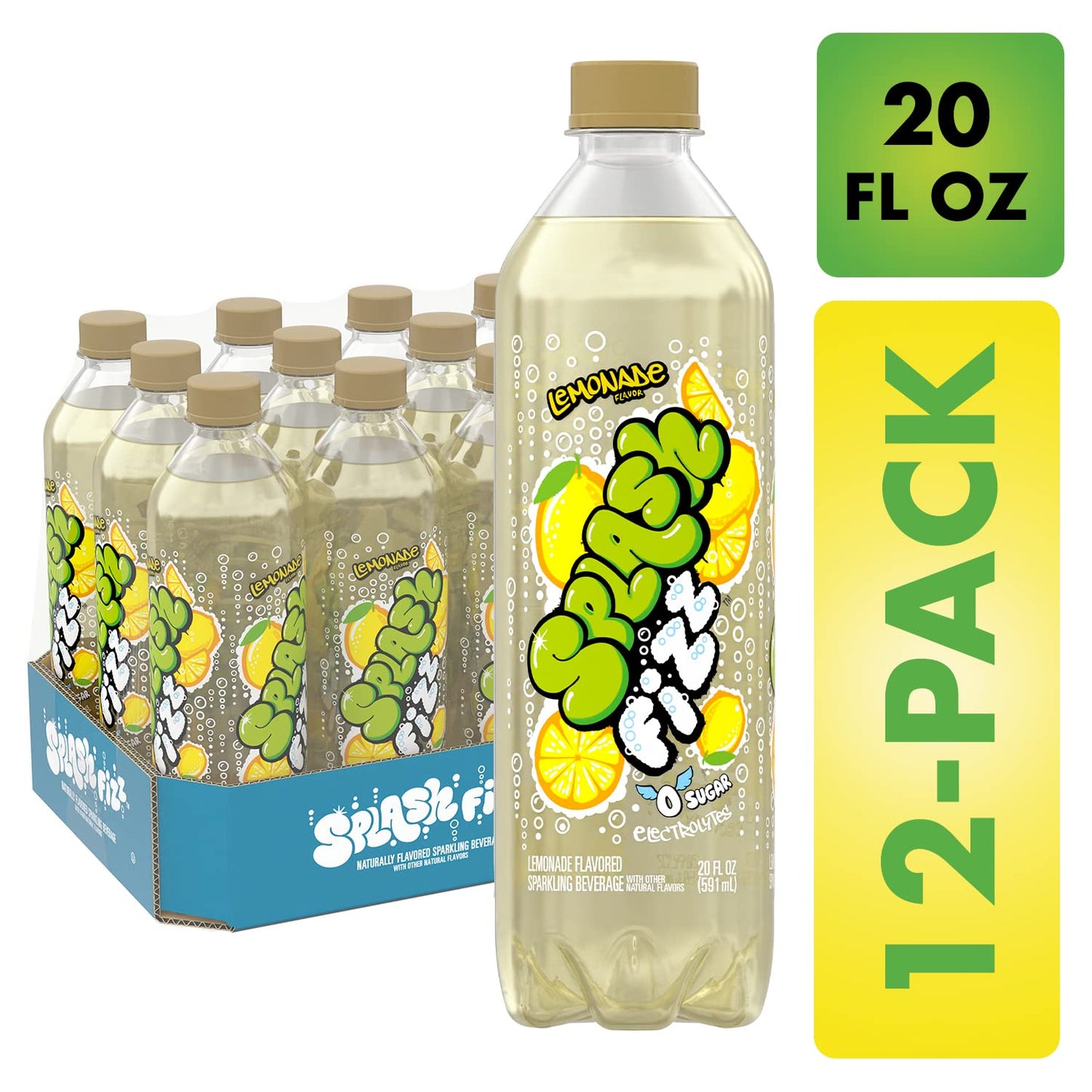 SPLASH FIZZ Lemonade Sparkling Water, 20 Fl Oz Plastic Bottles, 12 Pack, Clear - Refreshing Beverage for Every Occasion