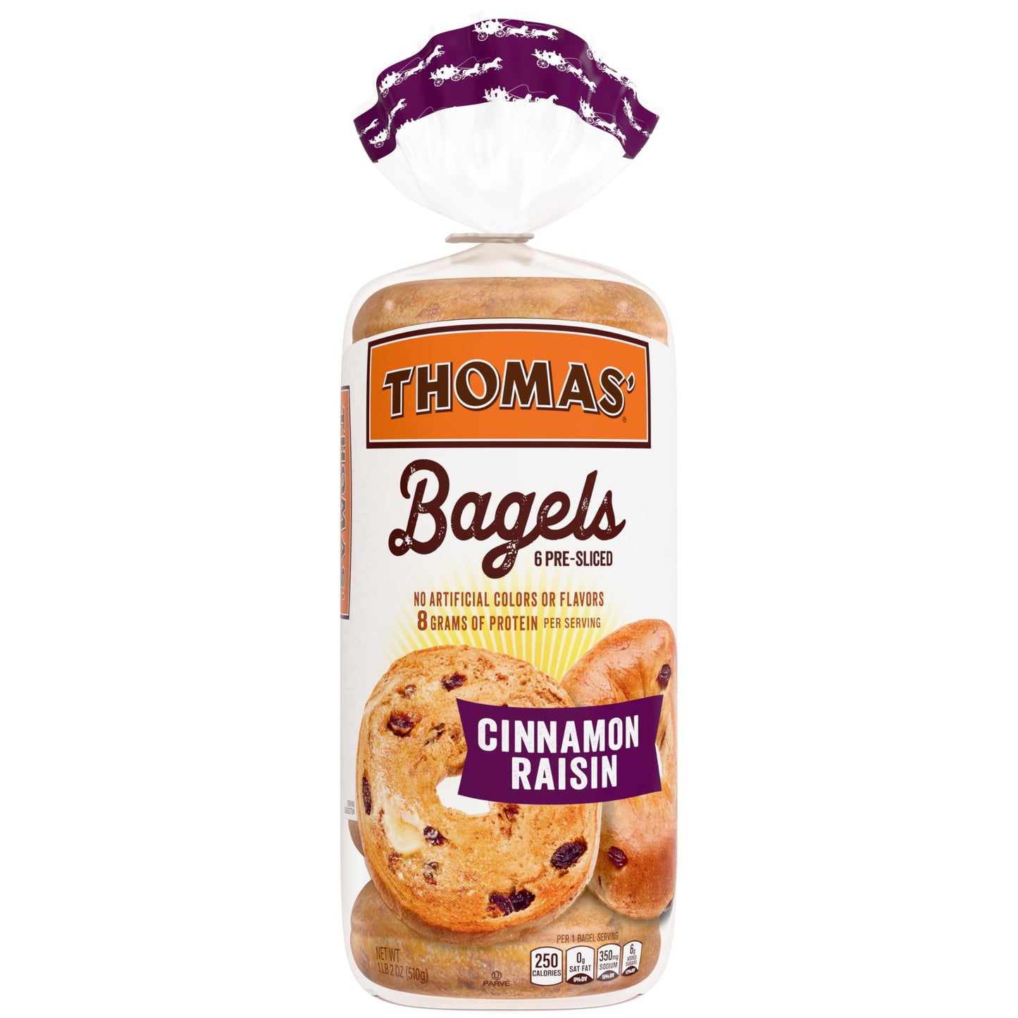 Thomas Cinnamon Raisin Bagels, 6 count, (3.0 oz each), 8g Protein, Kosher Bagels, 18 oz Bag