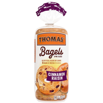 Thomas Cinnamon Raisin Bagels, 6 count, (3.0 oz each), 8g Protein, Kosher Bagels, 18 oz Bag