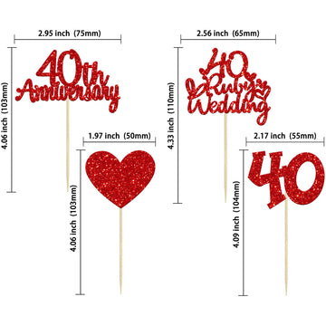 Gyufise 24Pcs 40Th Anniversary Cupcake Toppers Heart Cake Toppers Ruby Wedding Anniversary Heart Cake Decoration For 40 Years An