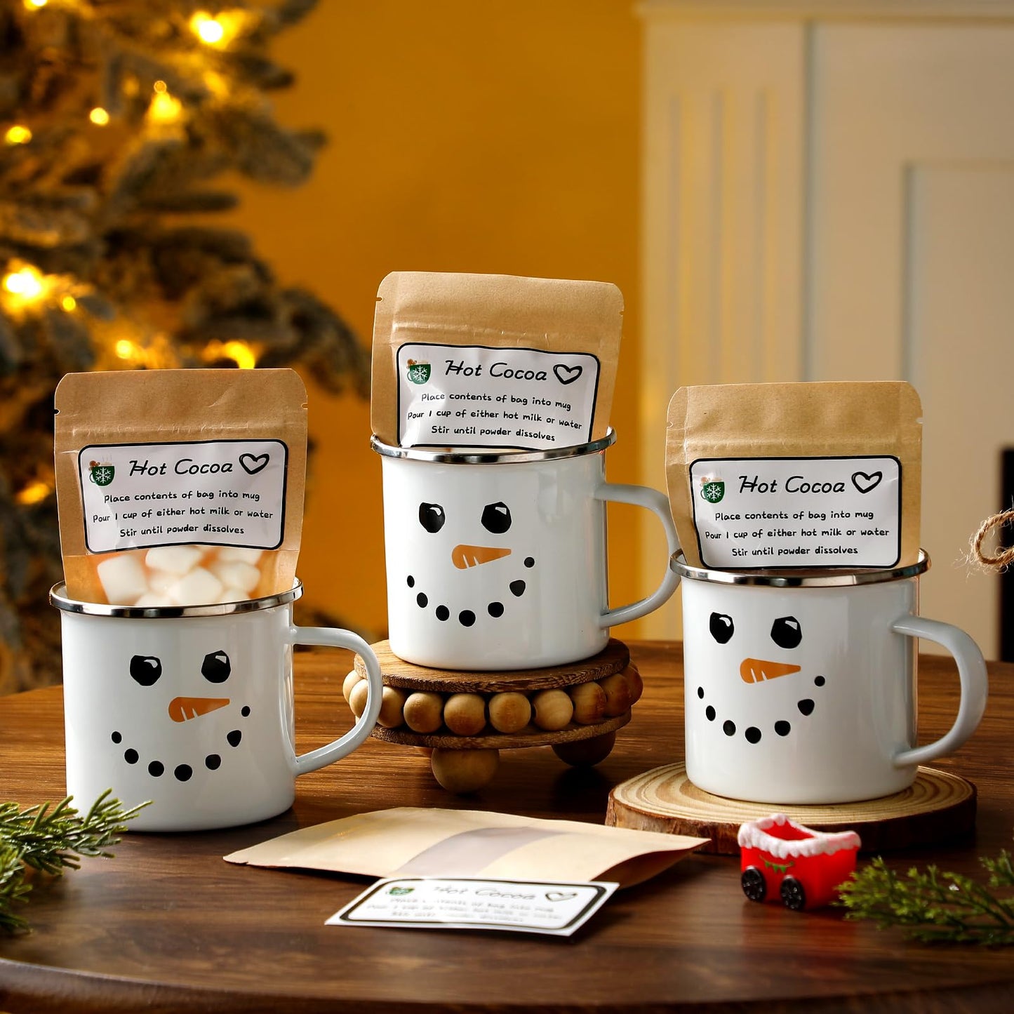 Vesici 6 Set Christmas Hot Cocoa Gift Sets with Mug Includes Snowman Enamel Cup Mini Kraft Paper Pouches and Labels Stickers for