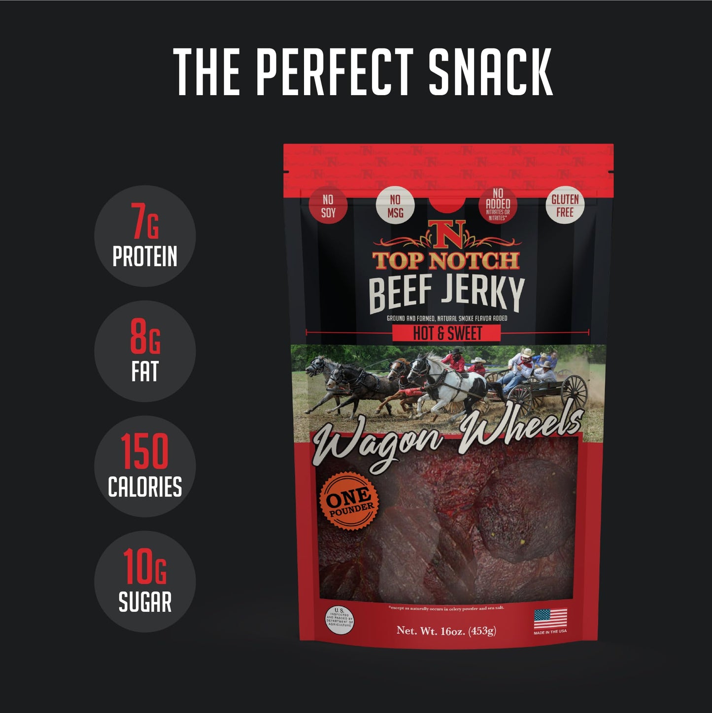 Top Notch Jerky Wagon Wheels - High Protein Beef Jerky Snacks for Kids & mature-themeds - 16 Ounce Pack - Hot & Sweet Flavor
