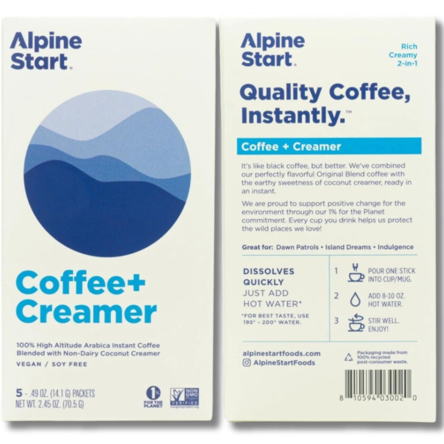 Alpine Start Instant Coffee Packets With Creamer Single Serve - Individual Latte Powder Mix From Arabica Coffee Beans With Non-Dairy Cream For Travel, Hiking, Backpacking (0.49 Oz) Box Of 5 Sticks