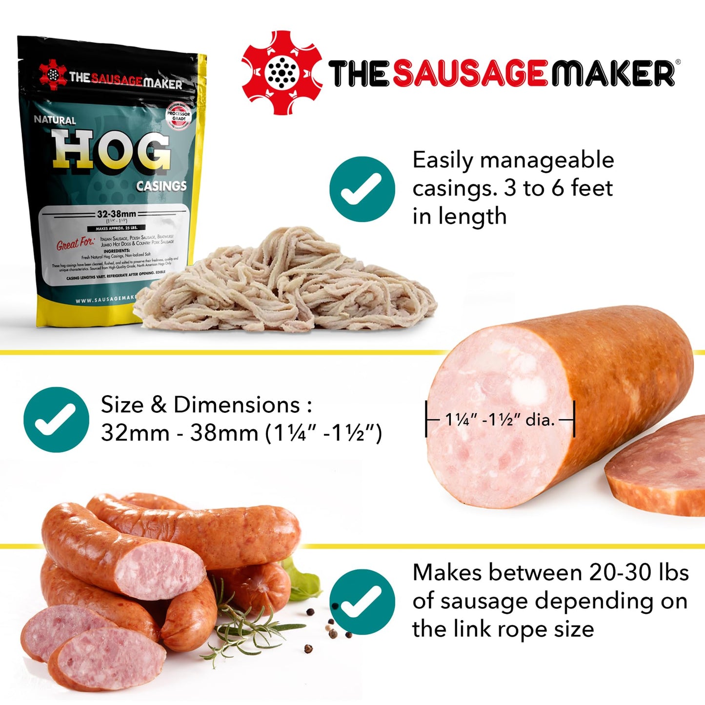 The Sausage Maker Natural Hog Sausage Casings, 32-38mm, Edible Casing for Sausage Making, 25 lb Pack, Model 4907