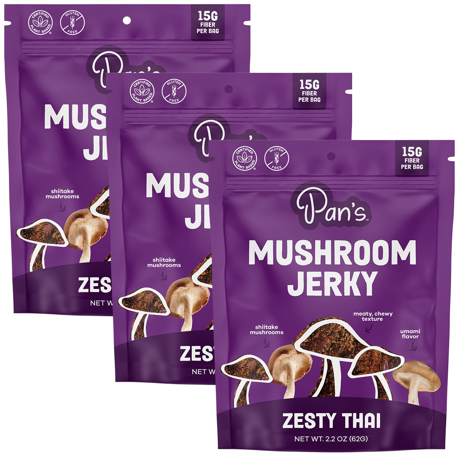 Pans Mushroom Jerky, Vegan Plant-Based Snacks, Zesty Thai Flavor, 2.2 Ounce (Pack of 3)