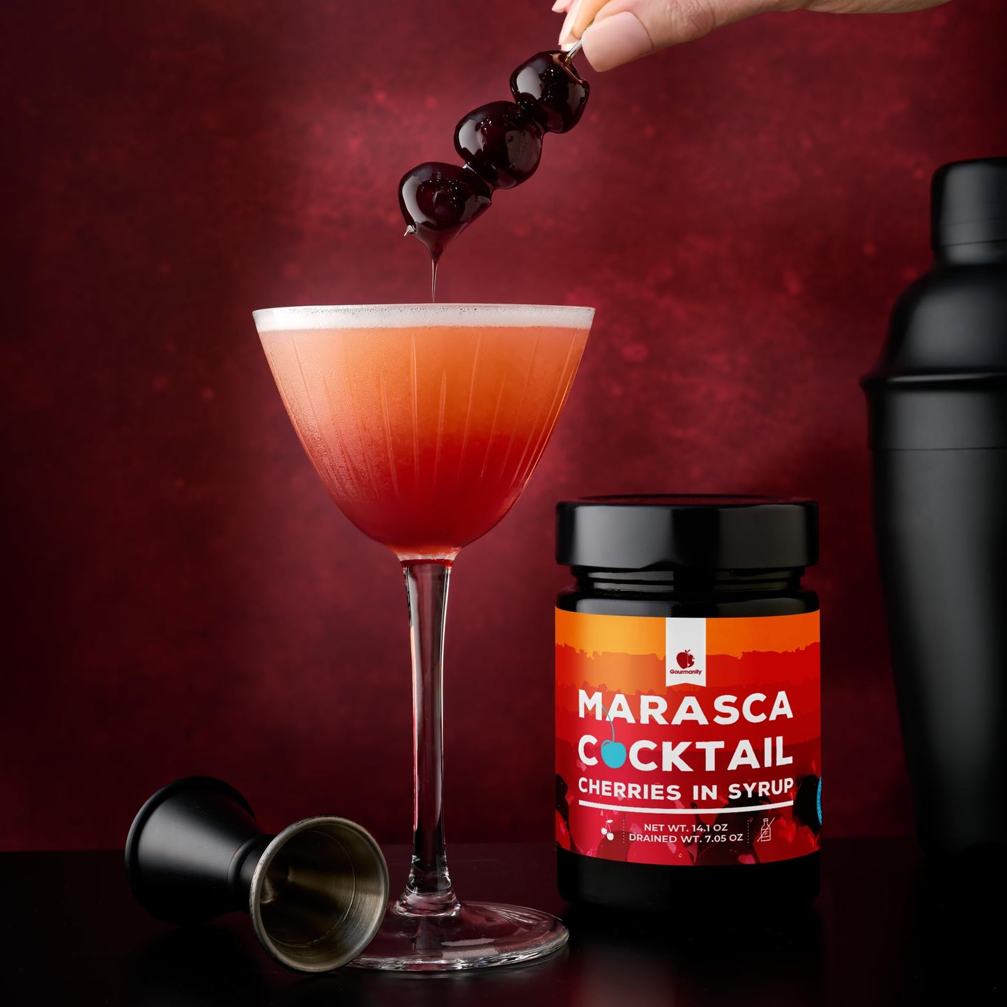 Gourmanity Cocktail Maraschino Cherries  Made from Italian Grown Marasca Cherries. Use in Manhattan  Old Fashioned  and Desserts (14.1oz Jar)