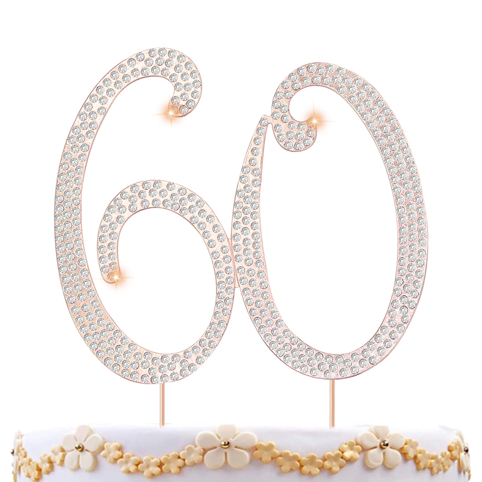 Zkptops 60th Anniversary Cake Topper, Bling Rhinestone Decoration, Rose Gold, Crystal, 60 Model