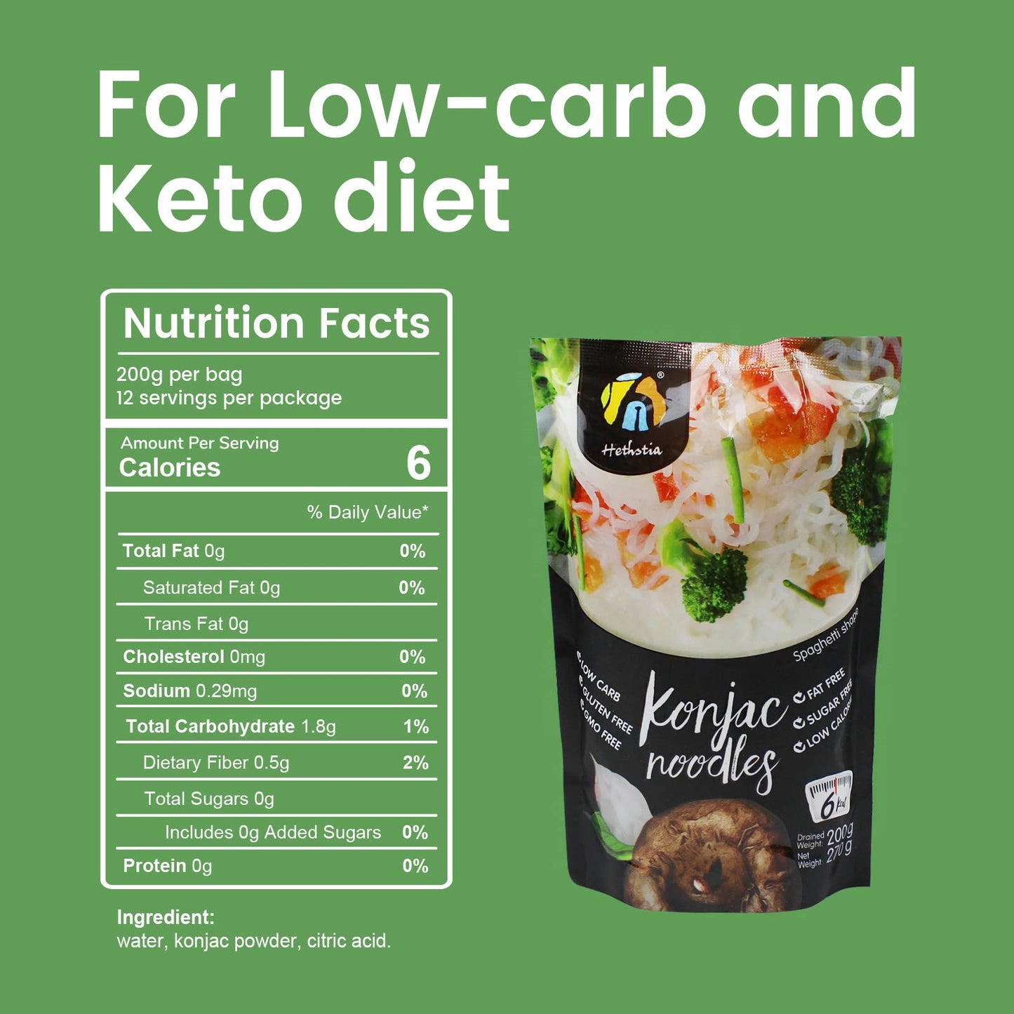Hethstia Shirataki Noodle Keto Healthy Diet Konjac Spaghetti Low Calorie Low-Carb Pasta Sugar Free, Pre-Cooked And Ready To Eat,