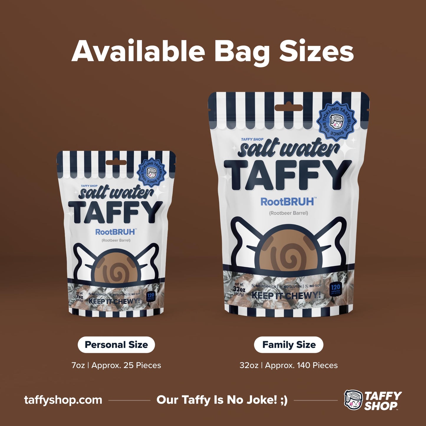 Taffy Shop RootBruh, Rootbeer Salt Water Taffy - Gourmet Soft Chewy Candy, Bulk Sweet Snack, Fresh Gift & Gluten-Free, 140 Indiv