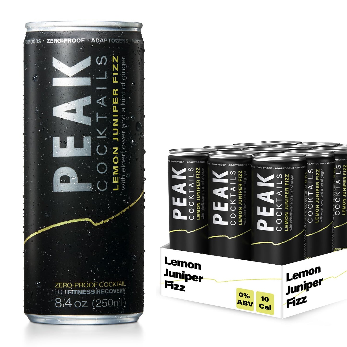 Peak Cocktails Non- Ic Cocktail | Adaptogens, Nootropics, Superfoods For Recovery, Calm, Sleep | Ashwagandha, Tart Cherry, L-Theanine | Mixologist-Crafted | Lemon Juniper Fizz | 8.4 Oz, 12-Pack
