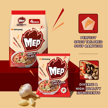 SAMYANG Instant Korean Ramen Noodles, Garlic & Clam Flavor, Spicy Soup, 4 Bags (3.88 OZ each)