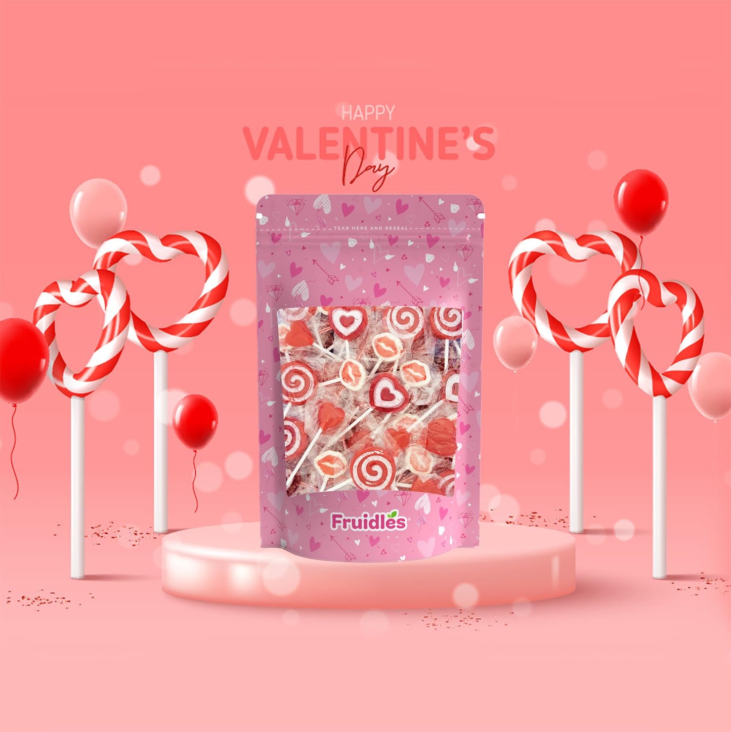 Fruidles Valentines Lollipop Party Mix, Hearts & Lips, Mixed Fruit Flavor, 0.5 Pound Assortment