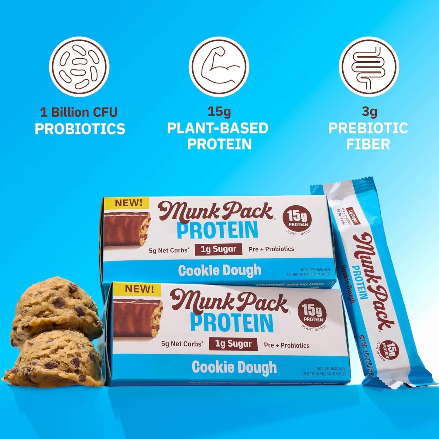 Munk Pack Probiotic Protein Bars - Keto-Friendly, 15g Plant Protein, 1g Sugar, Vegan, Gluten-Free, 5 Count