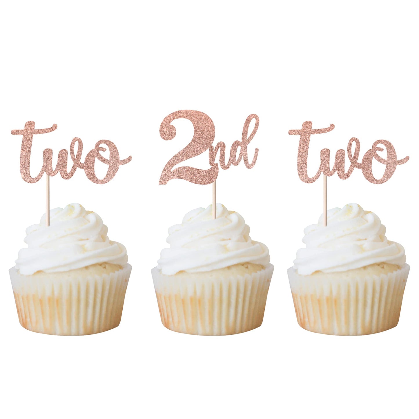 Rsstarxi 24 Pack Two Cupcake Toppers Glitter 2Nd Birthday Cupcake Picks For Baby Shower Second Birthday Party Cake Decorations Supplies Rose Gold