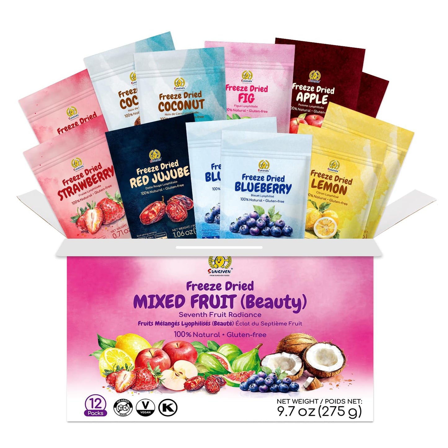 Sungiven Freeze Dried Fruit Mixed For Beauty  Variety Pack Of 12 Bag  7 Kinds Of Fruit  Health Snack  Rich In Vitamins  Apple Strawberry Blueberry Lemon Coconut Fig Red-Dates  No Sugar Added  9.7 Oz