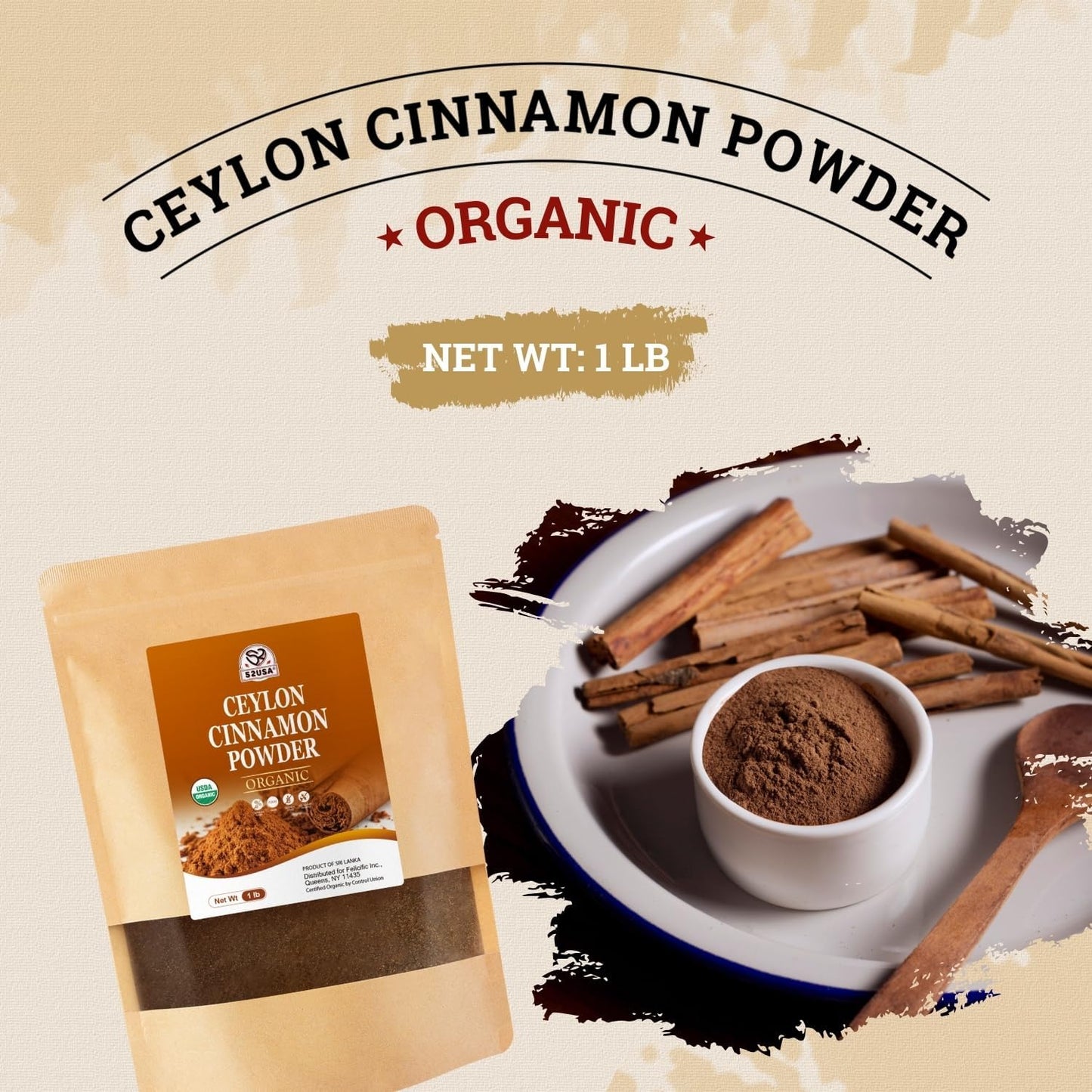 52USA Organic Ceylon Cinnamon Powder  1lb Resealable Bag | True Cinnamon from Sri Lanka  Non-GMO  Gluten-Free  Freshly Ground for Baking  Cooking & Beverages