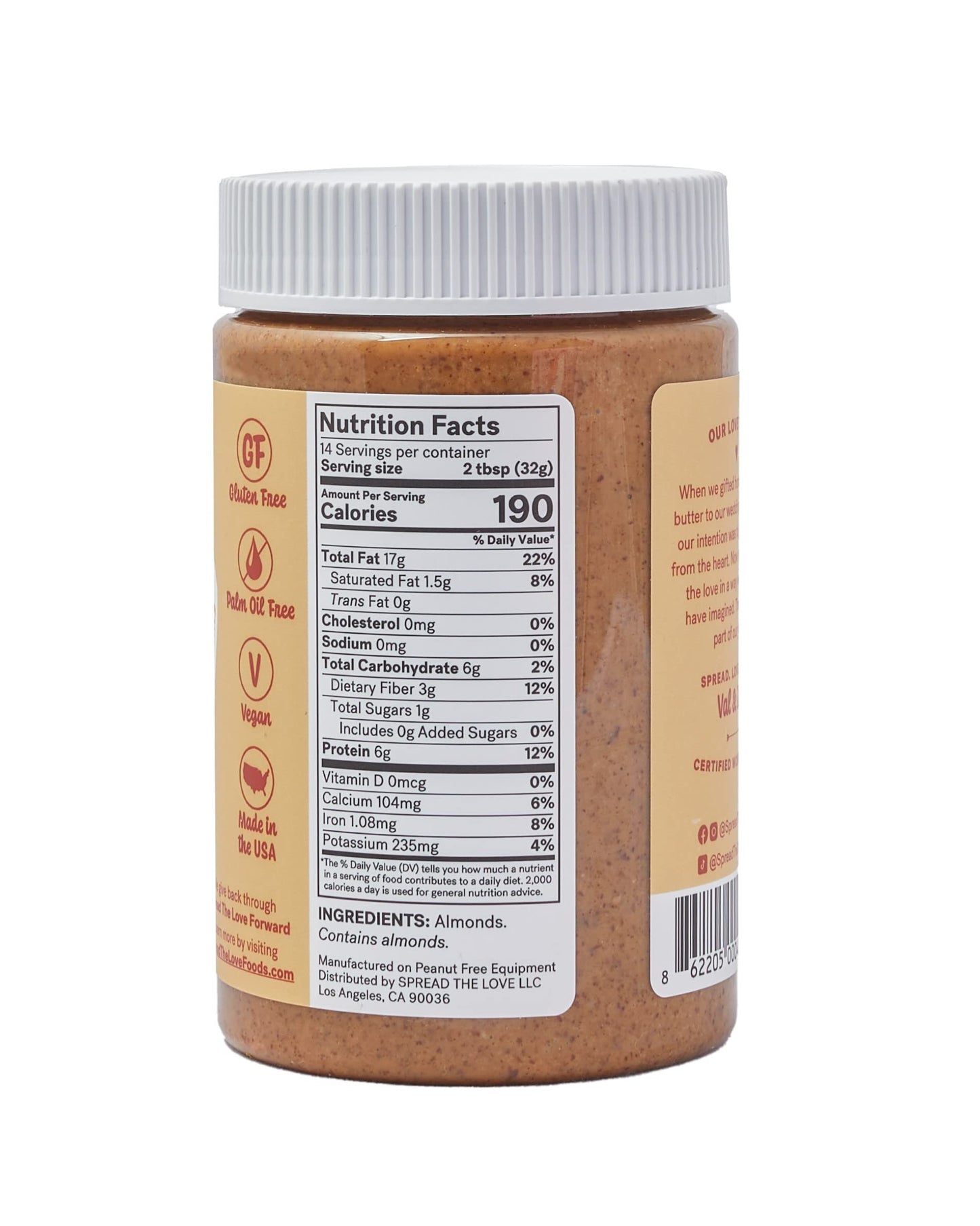 Spread The Love Unsalted Crunch Almond Butter, All Natural, Vegan, Gluten Free, Creamy, No Added Salt Or Sugar, No Palm Fruit Oi