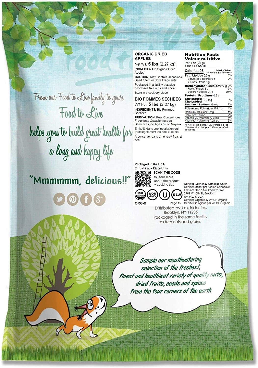 Food to Live Organic Dried Apple Rings - Non-GMO, Kosher, Vegan, 5 Pounds