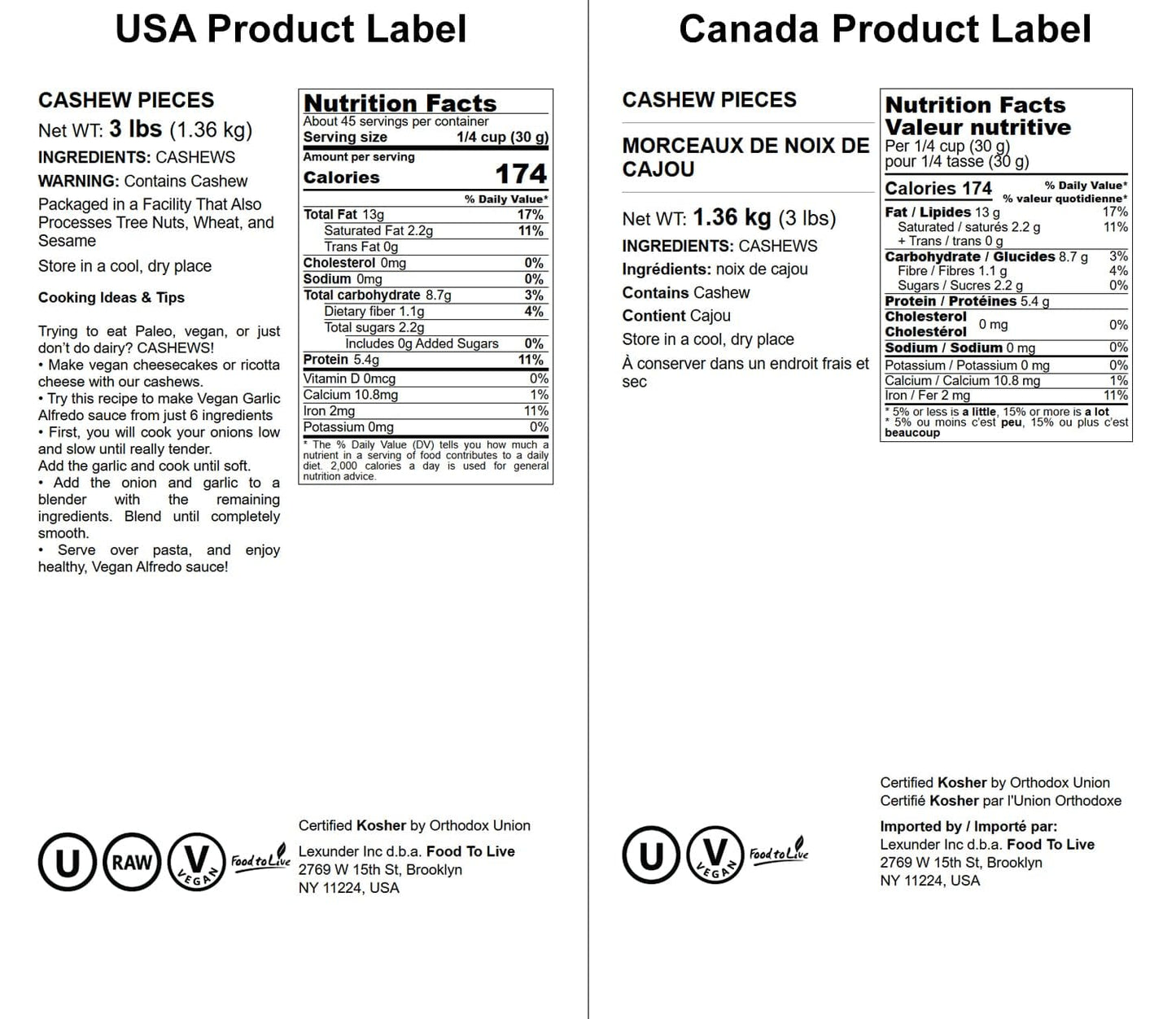 Food To Live Cashew Pieces, 3 Pounds - Kosher, Raw, Vegan, Paleo Friendly, Unsalted, Unroasted, Bulk, Rich In Selenium, Zinc, Ma