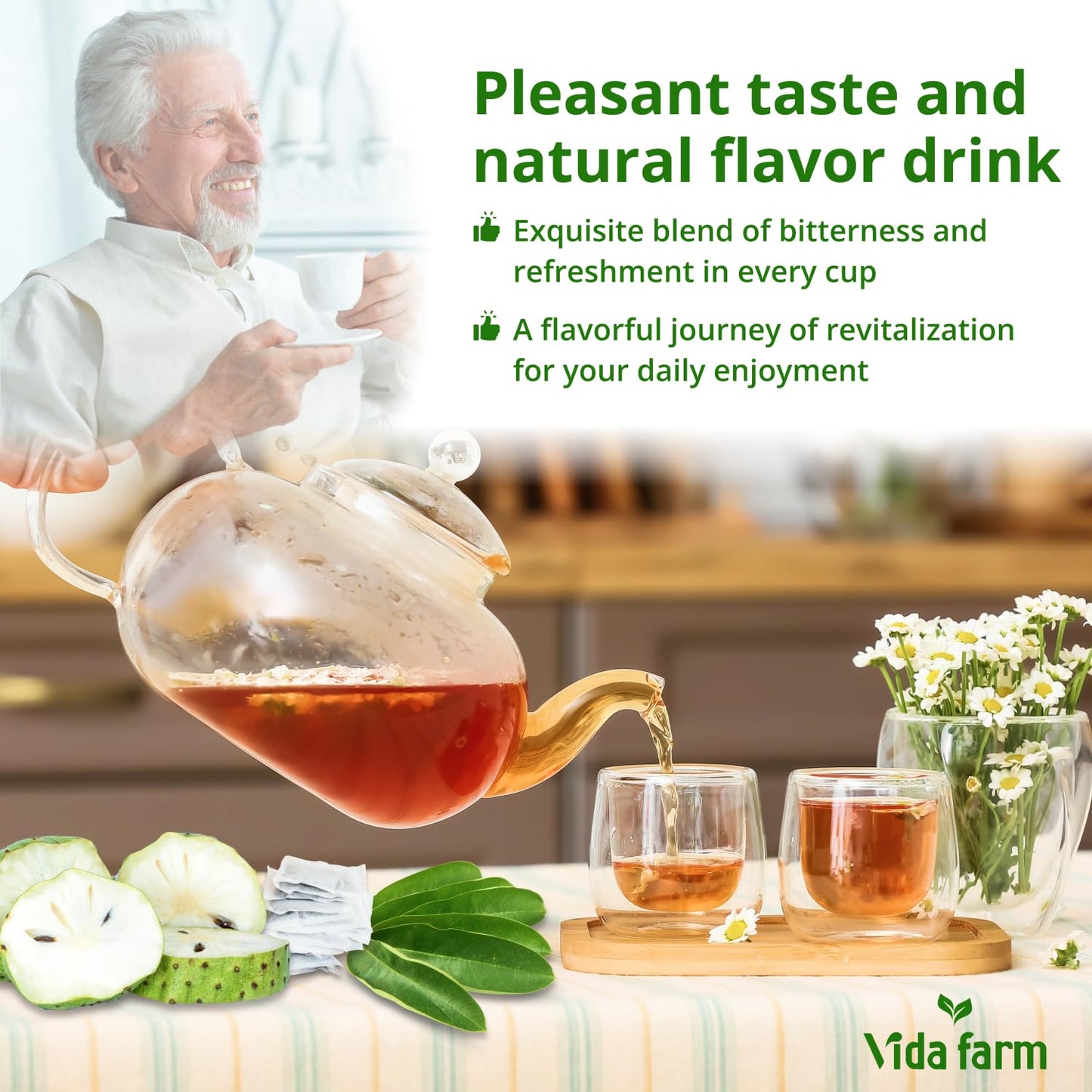 VIDA FARM Soursop Tea Bags, 100% Natural Pure Leaves, Caffeine Free, 50 Bags, Dark Yellow