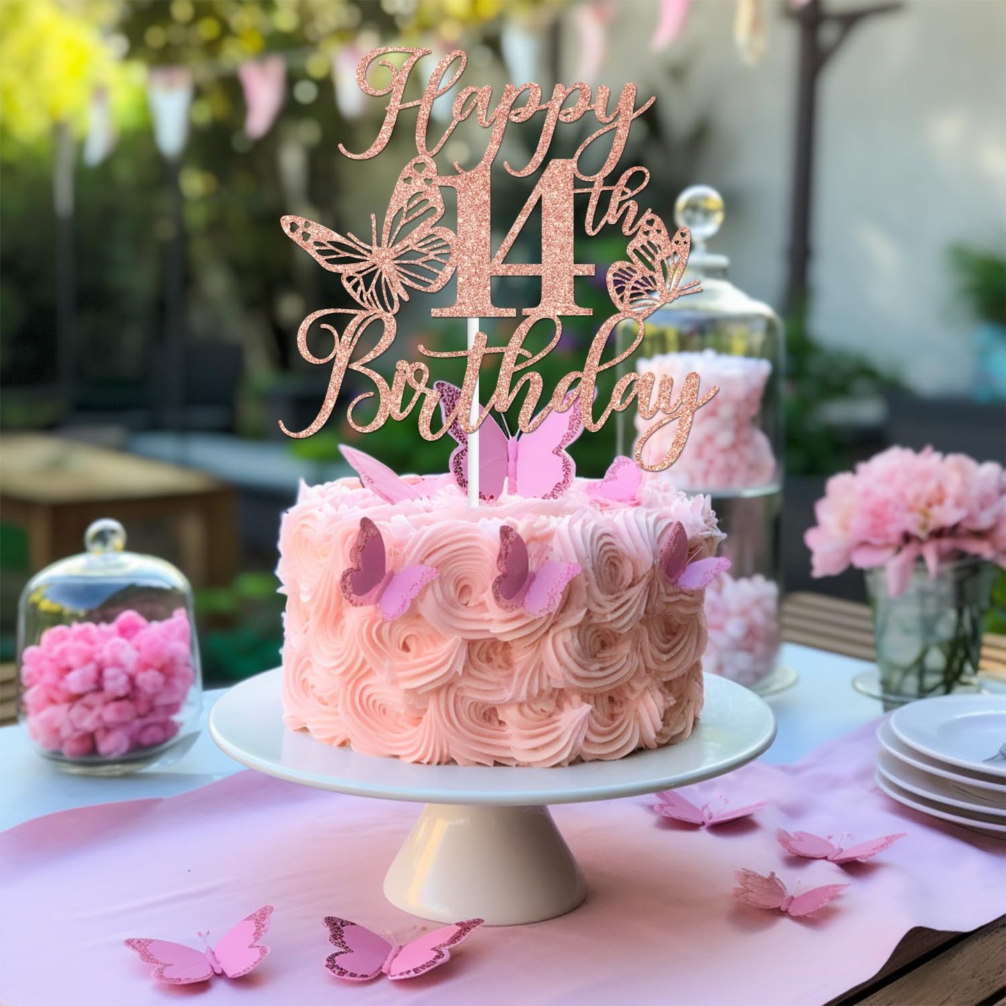 Rose Gold Glitter Happy 14Th Birthday Cake Topper, Butterfly Happy 14Th Birthday/Cheers To 14 Years, Butterfly Themed 14Th Birth