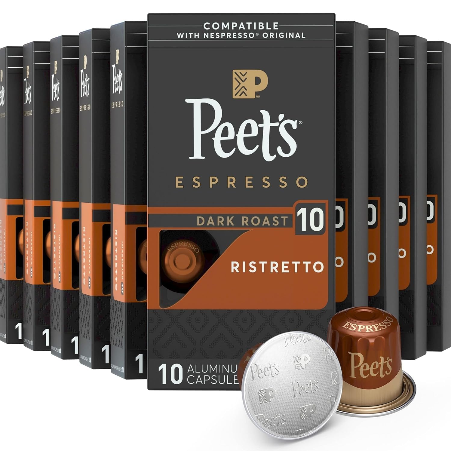 Peets Coffee Dark Roast Espresso Capsules Compatible with Nespresso, 100 Count (10 Boxes of 10), Ristretto Intensity 10