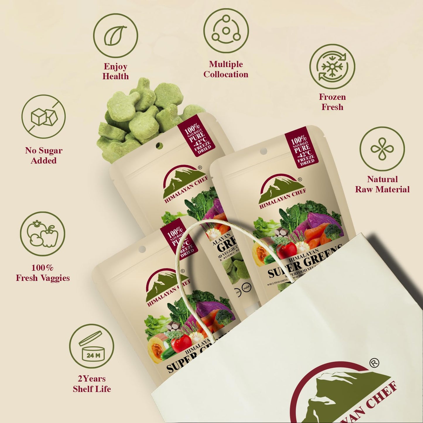 Himalayan Chef Super Greens Veggie Crisp 30G Each Freeze-Dried Superfood Snack 30+ Organic Green Veggie Mix Protein-Rich, Nutrie