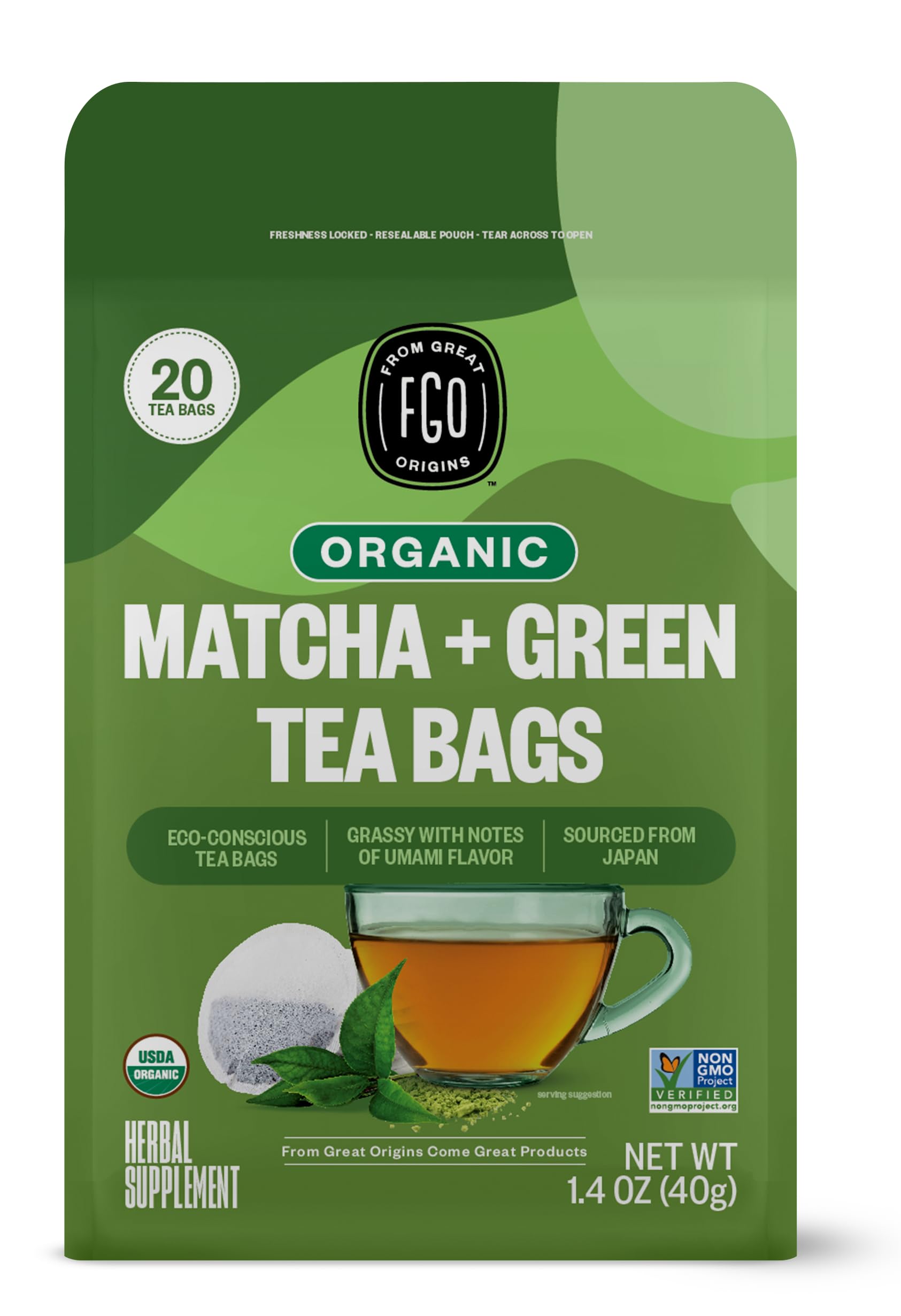 Fgo Organic Japanese Matcha + Green Tea, Eco-Conscious Tea Bags, 20 Count, Packaging May Vary (Pack Of 1)