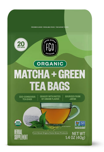 Fgo Organic Japanese Matcha + Green Tea, Eco-Conscious Tea Bags, 20 Count, Packaging May Vary (Pack Of 1)