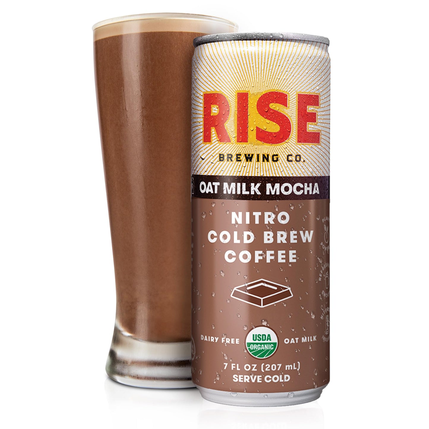 RISE Brewing Co. Oat Milk Mocha Nitro Cold Brew Coffee, No Sugar, Organic, 7 Fl Oz Cans, Pack of 12