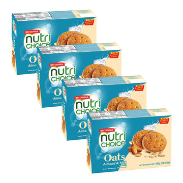 Britannia NutriChoice Oats Almond Milk 15.87oz (450g) - Crispy, Crunchy Tea Moments - Breakfast & Tea Time Snacks (Pack of 4)