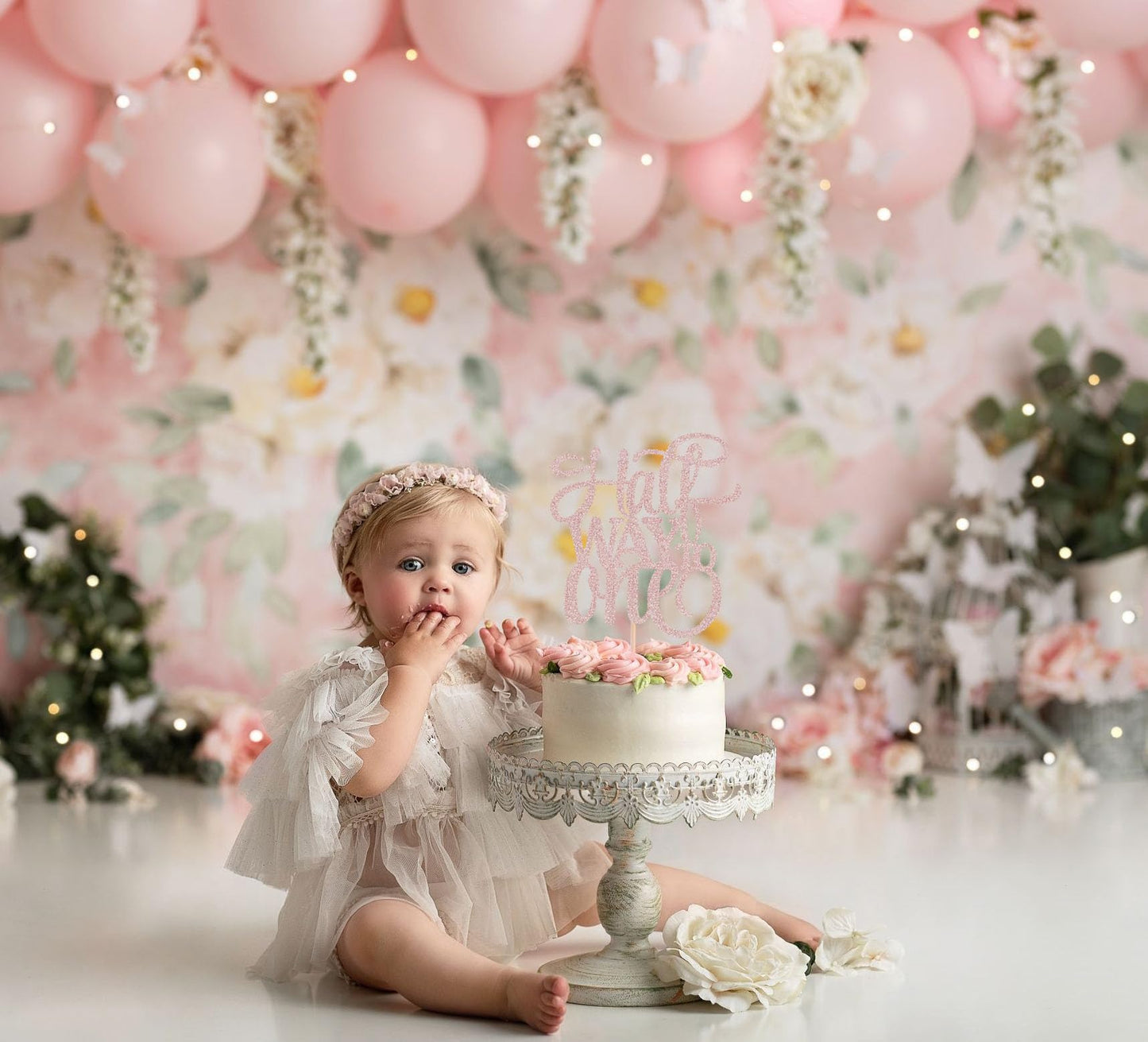 Ahaoray Half Way To One Cake Topper - Rose Gold Glitter 6 Months Birthday Decorations Supplies - Half Birthday Decorations Baby