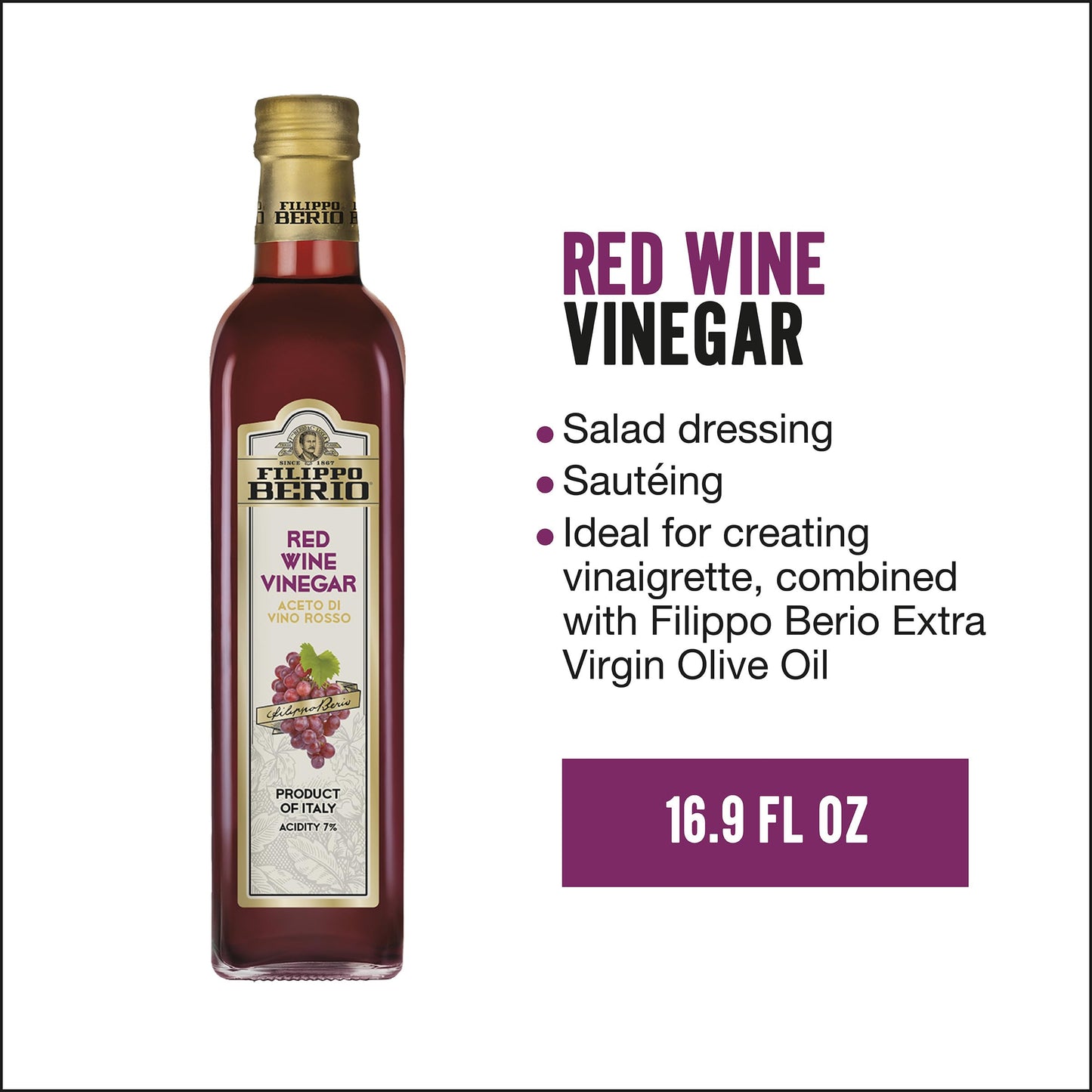 Filippo Berio Red Wine Vinegar, Gluten Free, 16.9 Fl Oz Glass Bottle