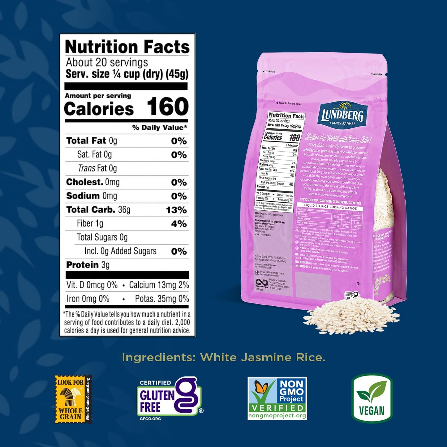 Lundberg Jasmine Rice, Non-Sticky Long Grain White Rice, 32 Oz (Pack of 6)