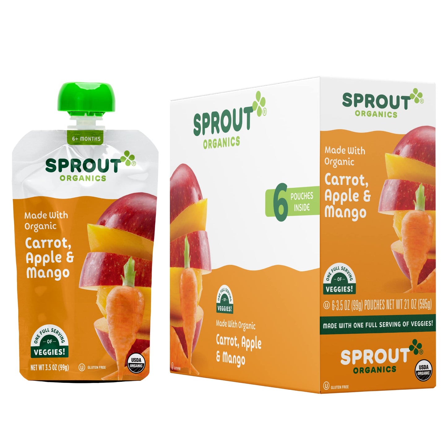 Sprout Organic Baby Food, Stage 2 Pouches, Fruit & Veggie Blend, Carrot Apple Mango, 3.5 Oz Purees (Pack Of 12)