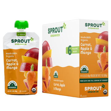 Sprout Organic Baby Food, Stage 2 Pouches, Fruit & Veggie Blend, Carrot Apple Mango, 3.5 Oz Purees (Pack Of 12)