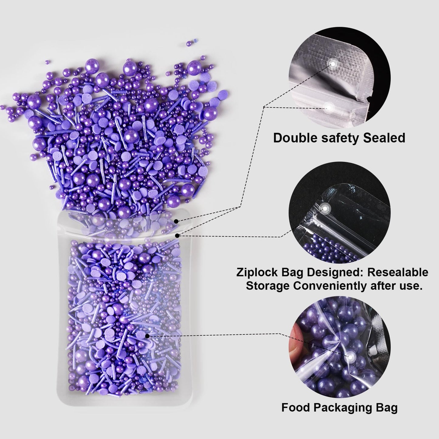 HUEBEATY 6-in-1 Purple Edible Pearls Sprinkles, Sanding Sugar for Cake Decorating, Cupcakes, Cookies & Ice Cream - 180g, Edible