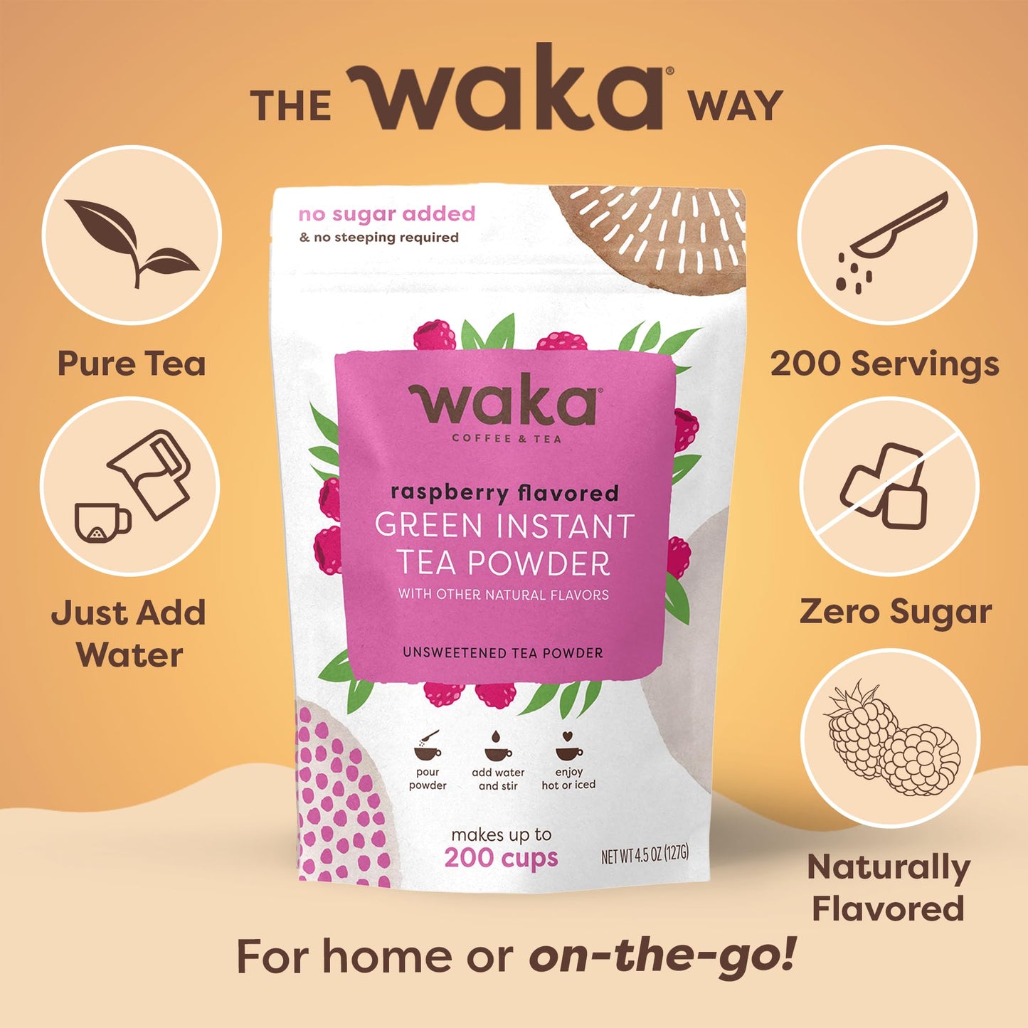 Waka Instant Green Tea Mix, Raspberry Flavored, 100% Tea Leaves, Unsweetened, 4.5oz Pouch, Makes Up to 200 Cups