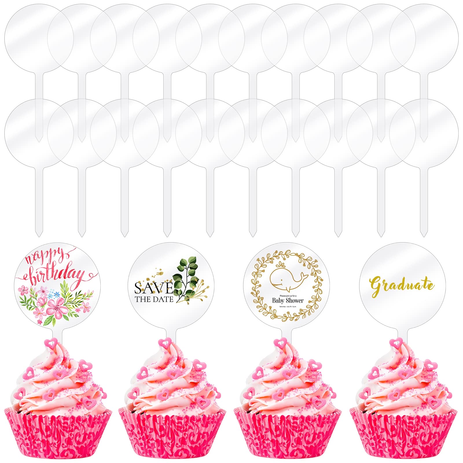 30 Pack 2 Inch Circle Acrylic Cupcake Toppers, Diy Clear Round Blank Cake Toppers Personalized Cupcake Toppers With Sticks For B