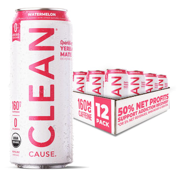CLEAN CAUSE Sparkling Yerba Mate Tea, Zero Sugar, USDA Organic, 16oz Cans, 12-Pack, Red